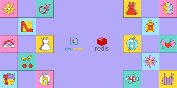 Grid of colorful icons on a purple background, including a heart, cherries, and "docarray" and "redis" logos