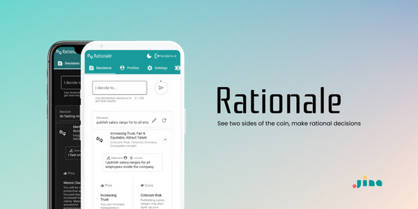 Mockup of Rationale app on devices, featuring decision-making interface with options like Decisions, Profiles, and Settings