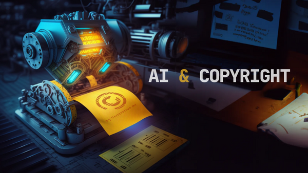 Mechanical device with AI & COPYRIGHT sign, yellow paper with copyright symbol, and additional text by Generative Ai