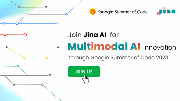 Promotional banner for Jina AI's participation in Google Summer of Code 2023, featuring a "JOIN US" button and company brandi