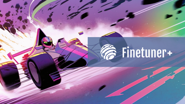 Colorful racing scene with a formula car under the 'Finetuner+' logo amidst a vibrant abstract background