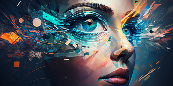 Digital painting of a woman's expressive face with multi-colored geometric patterns and contrasting eye colors