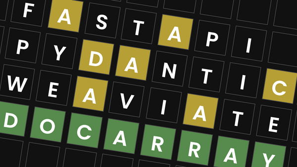 Black board with a grid layout displaying tech terms FASTAPI, PYDANTIC, WEAVIATE, DOCARRAY in stylized yellow and green lette