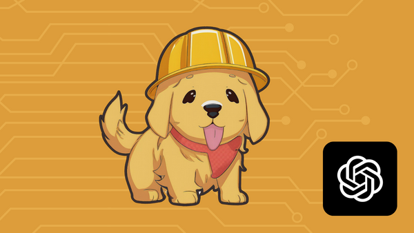 Cartoon of a cheerful golden retriever wearing a construction helmet on an orange, technology-themed background