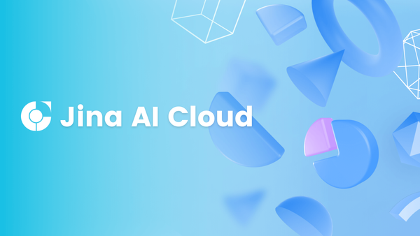 Promotional graphic for Jina AI Cloud with logo and text on the left and colorful floating 3D shapes on the right