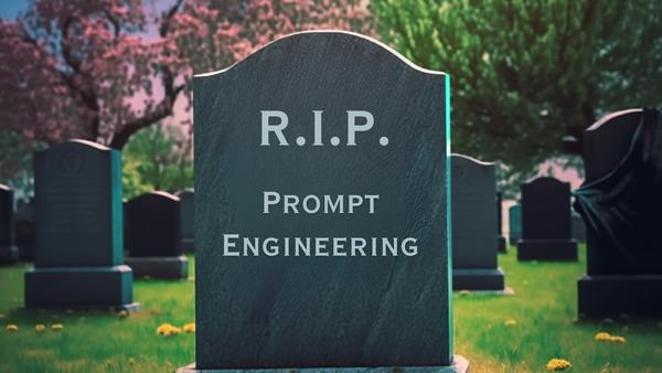 Gravestone with "R.I.P." and "Prompt Engineering" inscription in a cemetery with cherry blossoms