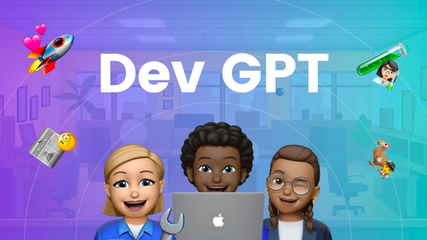 Banner for Apple's Dev GPT featuring cheerful stick figure emojis, a rocket, tools, a test tube, and figures with a laptop