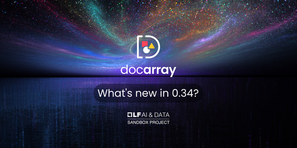 Promotional graphic for Docarray's update 0.34 with a colorful abstract background and texts highlighting "SANDBOX PROJECT.