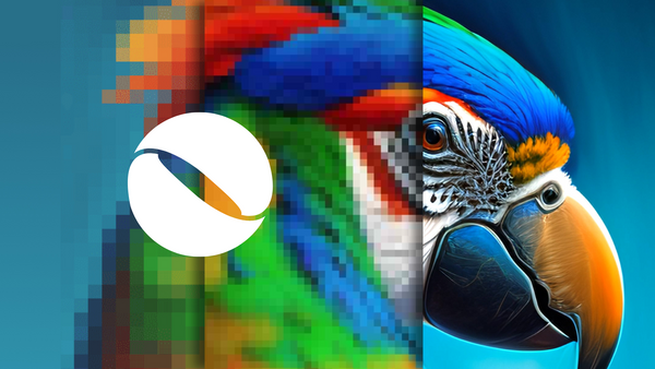 Colorful macaw with a pixilated look and a white logo with an orange wave on the left, against a blue background