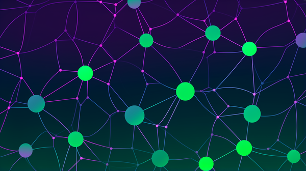 Abstract network graphic with interconnected green spheres on a gradient background, symbolizing data flow and connectivity