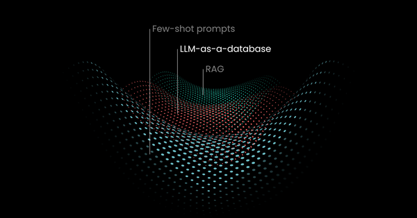 Abstract 3D wave of dots on black, with labels "Few-shot prompts," "LLM-as-a-database," and "RAG.