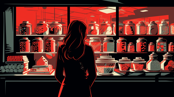 Illustration of a woman observing a shop display with jars under a red and black ambiance