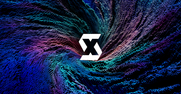 Artistic representation of a white letter X centered on a vibrant blue and purple swirling vortex background