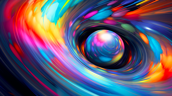 Abstract artwork with a luminous central sphere encircled by vibrant rainbow swirls, suggesting dynamic motion