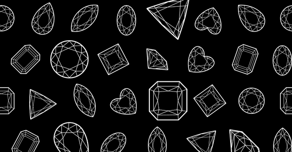 Black background with seamless white-outlined pattern of diamonds, hearts, and other geometric shapes