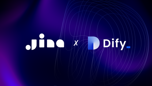 Collaborative graphic of Jina x Dify in white text on a blue and purple wavy background