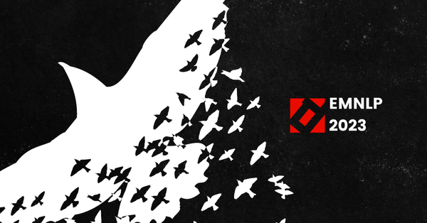 White birds in flight on a black background with a red and white "EMNLP 2023" logo on the right