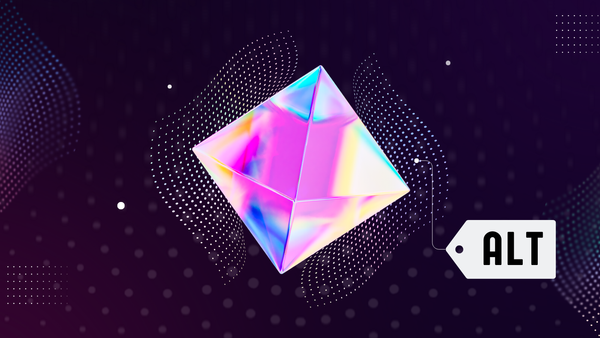 A striking, holographic diamond-shaped object with a gradient of pink and purple floats centrally against a black background