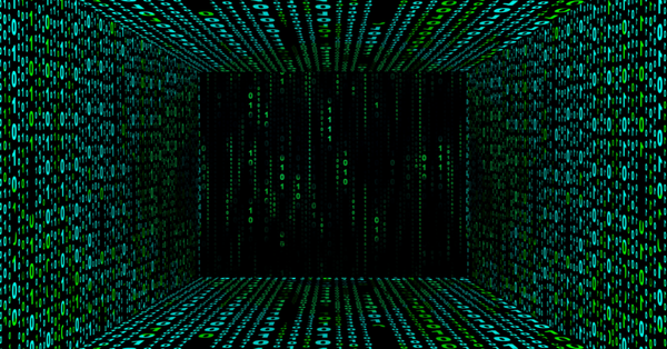 Digital 3D room filled with binary code in green and blue, featuring a central dark square