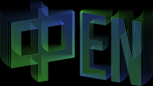 Colorful 3D text "OPEN" in green and blue on a black background creating a vibrant effect