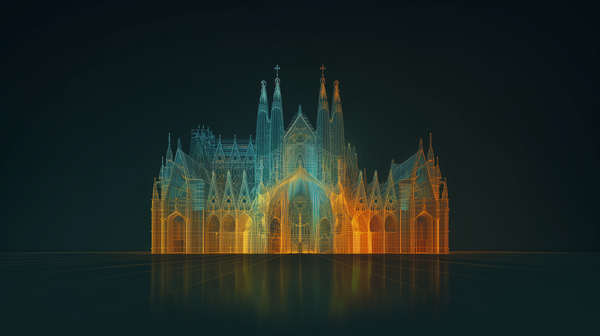 Digital wireframe rendering of a Gothic-style cathedral, with colorful outlines and pointed spires on a dark background.