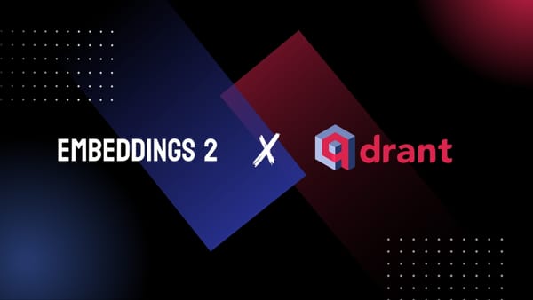 Promotional graphic with "EMBEDDINGS 2" and Drant logo separated by a red cross, symbolizing a partnership.