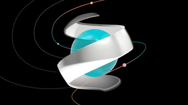 Abstract helical structure in white and blue against a black background, accented with colored lines and spheres suggesting a