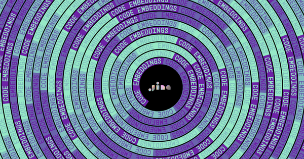 Abstract image with concentric circles in purple and green, featuring "jina" logo and repeated "code embeddings" text around 