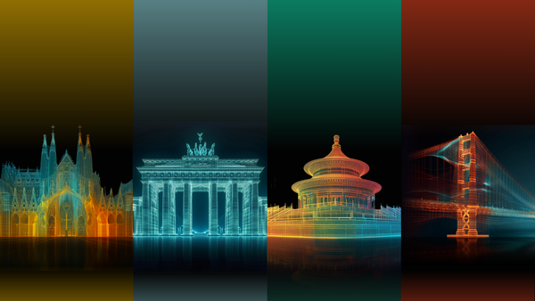 Composite image of four colorful, stylized landmarks: Brandenburg Gate, St. Peter's Basilica, Tiananmen, and Golden Gate Brid