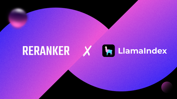 Collaborative graphic with "RERANKER" and "Llamalindex" logos over a purple background with crossed white abstract lines.