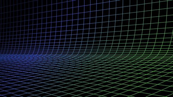 Abstract 3D render of a neon blue and green grid pattern on a black background, creating a sense of depth.