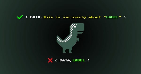 Black background with a green pixel dinosaur in the center, surrounded by green and yellow text related to data labeling.