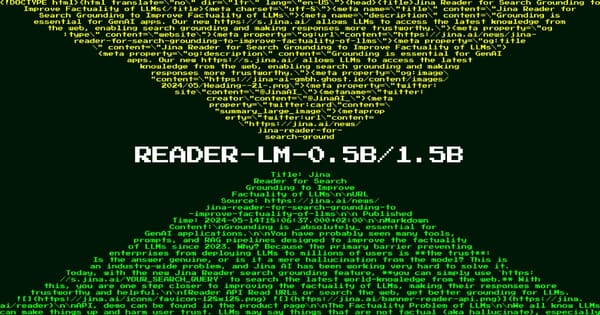 Technical screenshot displaying "REAPER-LM-0.5B/1.5B" with HTML source code for Jina's search grounding feature.