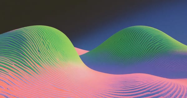 Abstract digital landscape with wave-like green and pink dunes against a dark background, conveying a tranquil atmosphere.