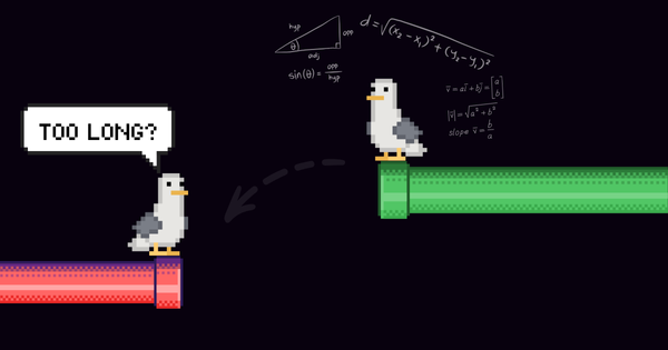 Artistic pixel art of two seagulls on colored pipes with speech bubbles; one reads "Too long?" and the other shows math equat