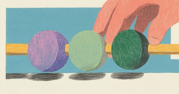 David Hockney artwork of a hand holding a rod with three colored spheres on a blue-toned background.