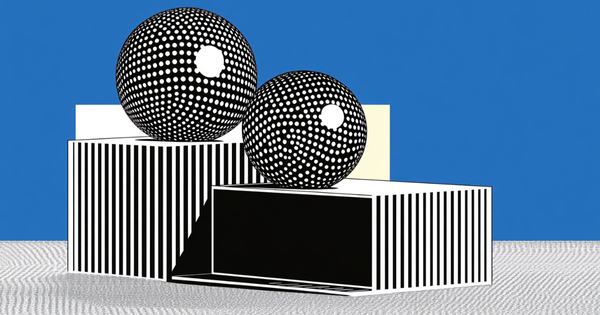 3D rendered scene with a black-screened laptop on a geometrical pedestal and patterned spheres, against a blue backdrop.