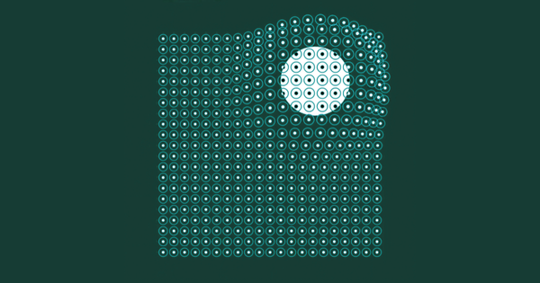 Futuristic illustration with a central white circle surrounded by white dots on a dotted background.